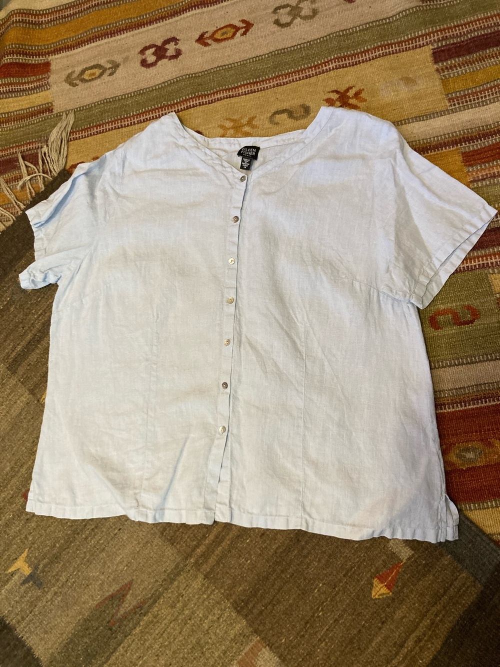 Eileen Fisher Pale Blue Linen Button-Neck  boxy Top